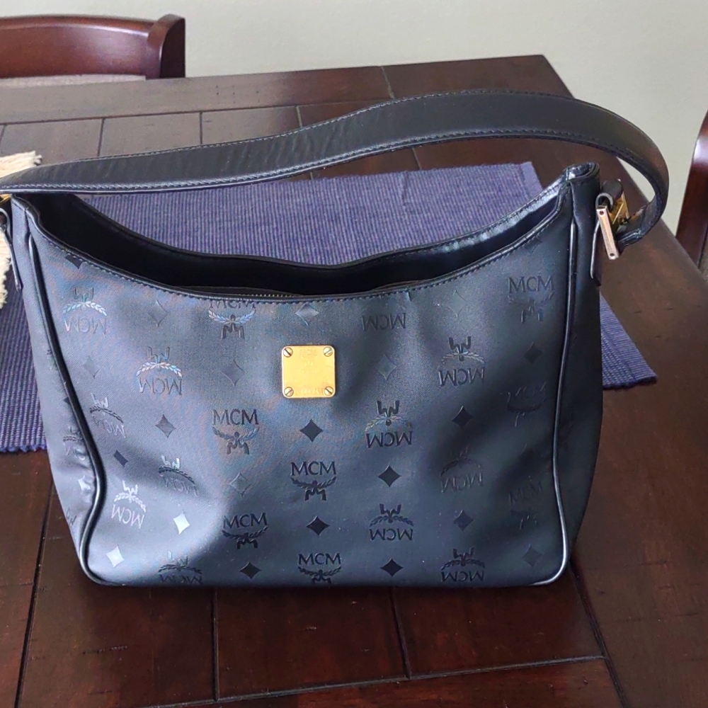 MCM black vintage nylon shoulder bag with genuine leather shoulder strap